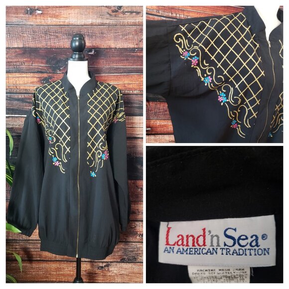 Land N Sea Size 1X Vintage 80s Jacket Windbreaker Zip Embellished Black US Made - Picture 1 of 10